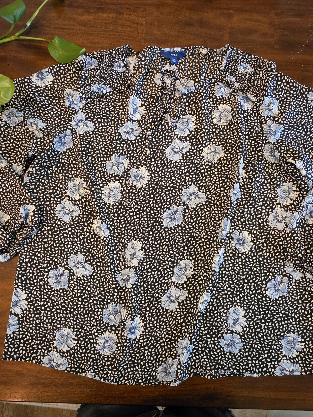 Apt. 9 Mixed Print Blouse XXL Blue Floral & Black Polka Dot Peasant Top
